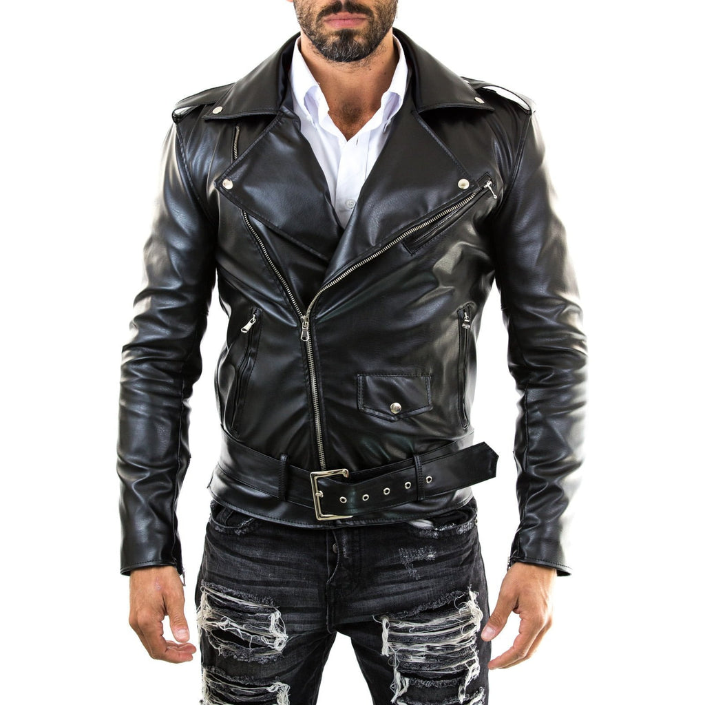 Men's Slim Fit Black Genuine Leather Biker Jacket with Red Lining Rindway
