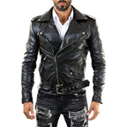 Men's Slim Fit Black Genuine Leather Biker Jacket with Red Lining Rindway