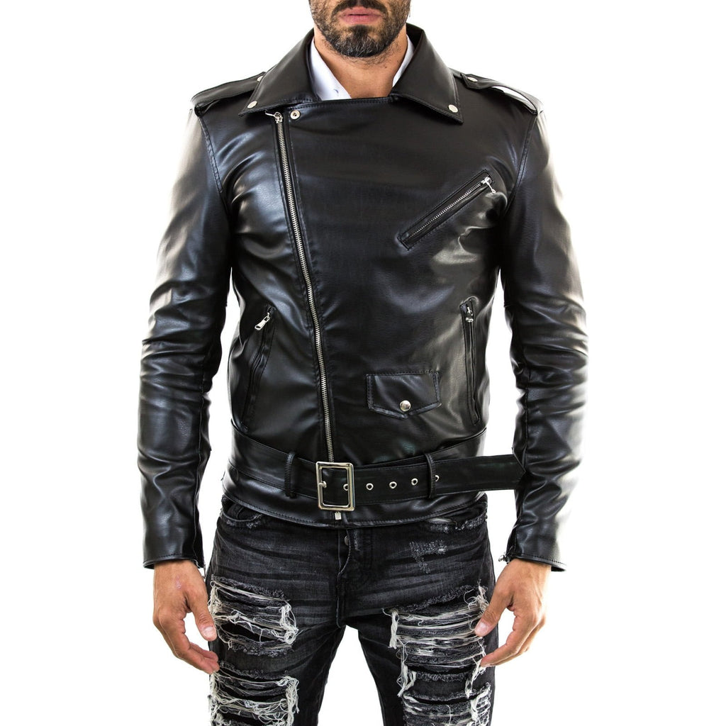 Men's Slim Fit Black Genuine Leather Biker Jacket with Red Lining Rindway