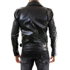 Men's Slim Fit Black Genuine Leather Biker Jacket with Red Lining Rindway