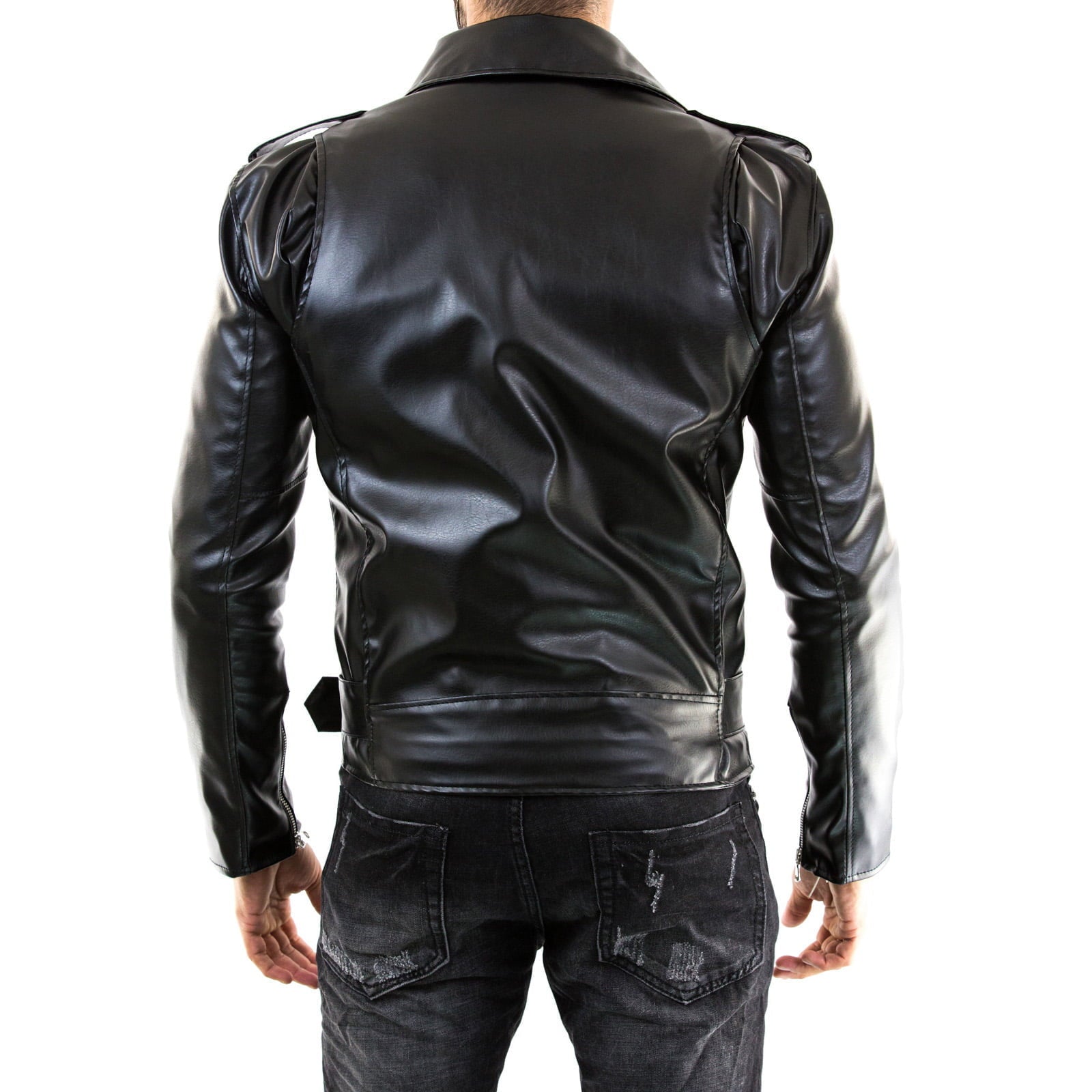 Men's Slim Fit Black Genuine Leather Biker Jacket with Red Lining Rindway