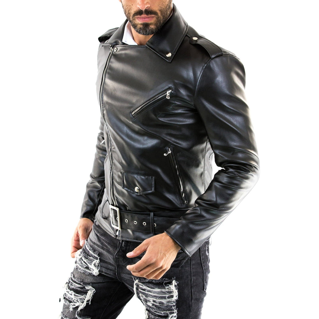 Men's Slim Fit Black Genuine Leather Biker Jacket with Red Lining Rindway