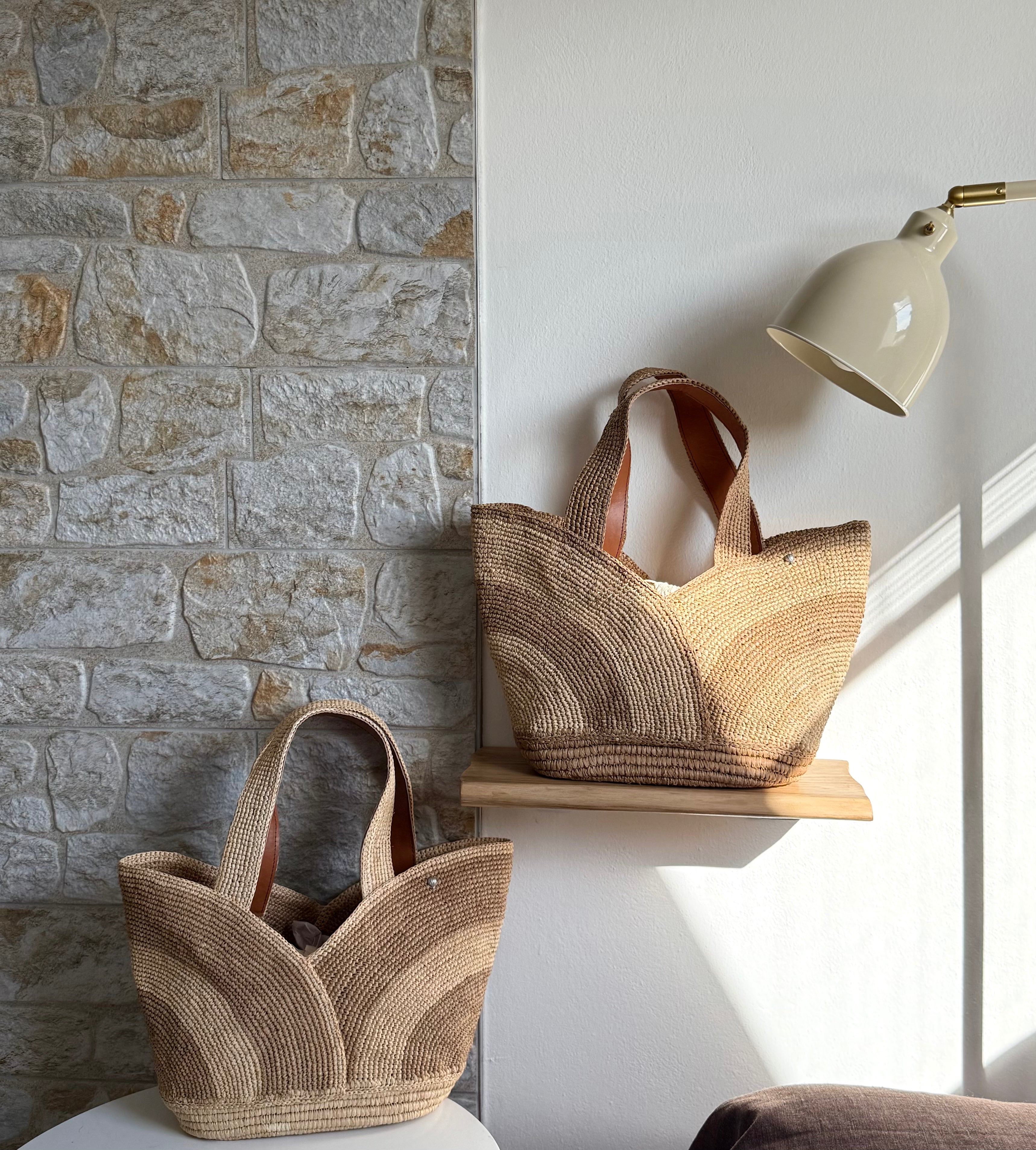 Yasmin - Handmade Natural Raffia Tulip Tote Bag Khaki Color