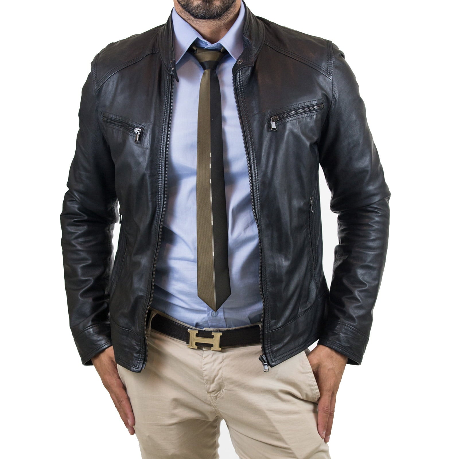 Men's Black Genuine Leather Biker Jacket Slim Four Pockets Zipper Rindway
