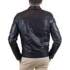 Giacca Biker In Vera Pelle Uomo Nero Slim Collo Con Bottoni Rindway