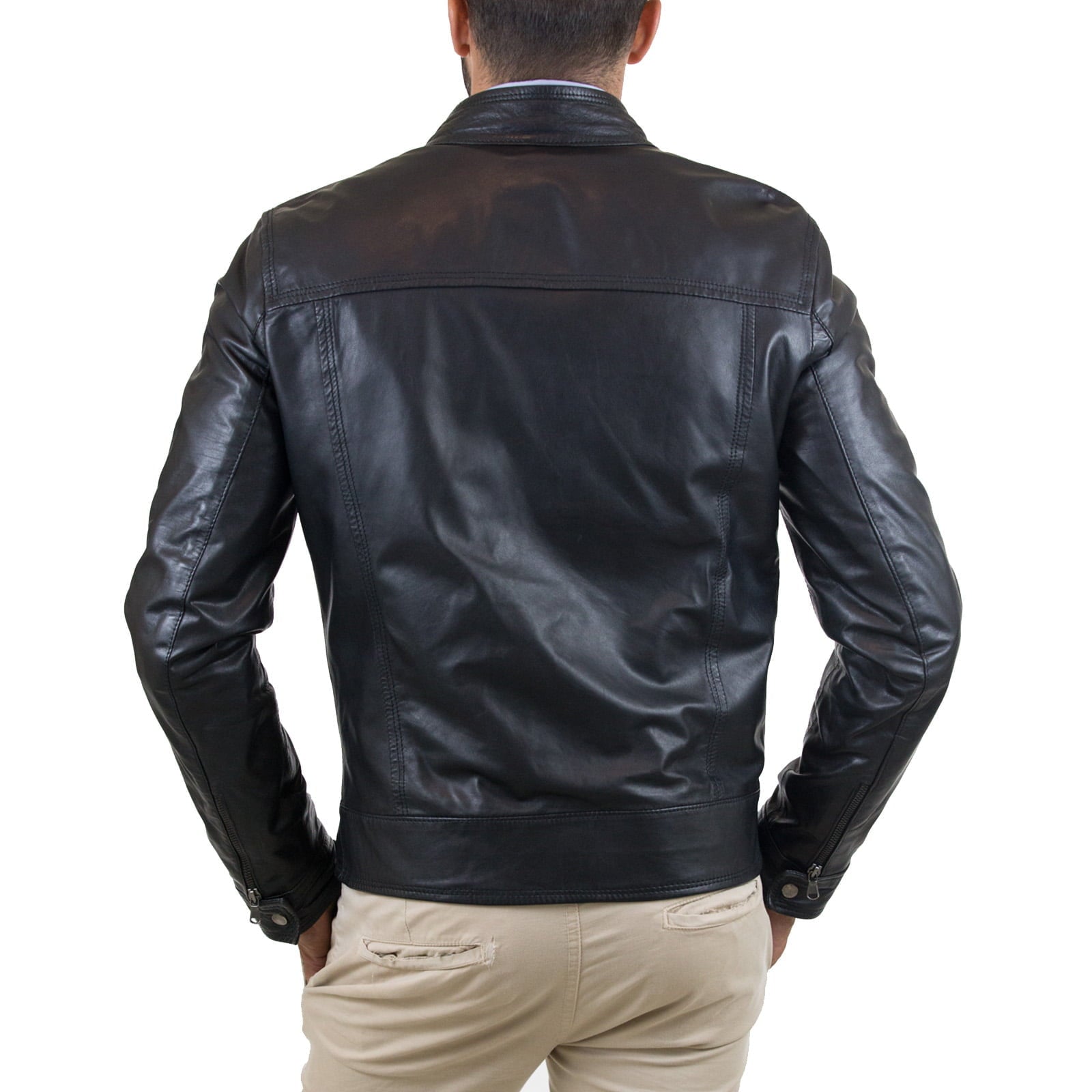 Men's Black Genuine Leather Biker Jacket Slim Four Pockets Zipper Rindway