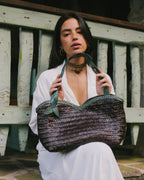 Léafa - Borsa Artigianale a Spalla Tessuta a Mano Verde e Caffè