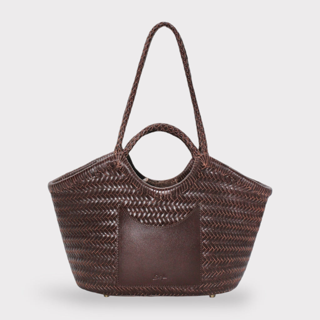 Celia-Handmade Woven Top Grain Leather Bag Coffee Colour