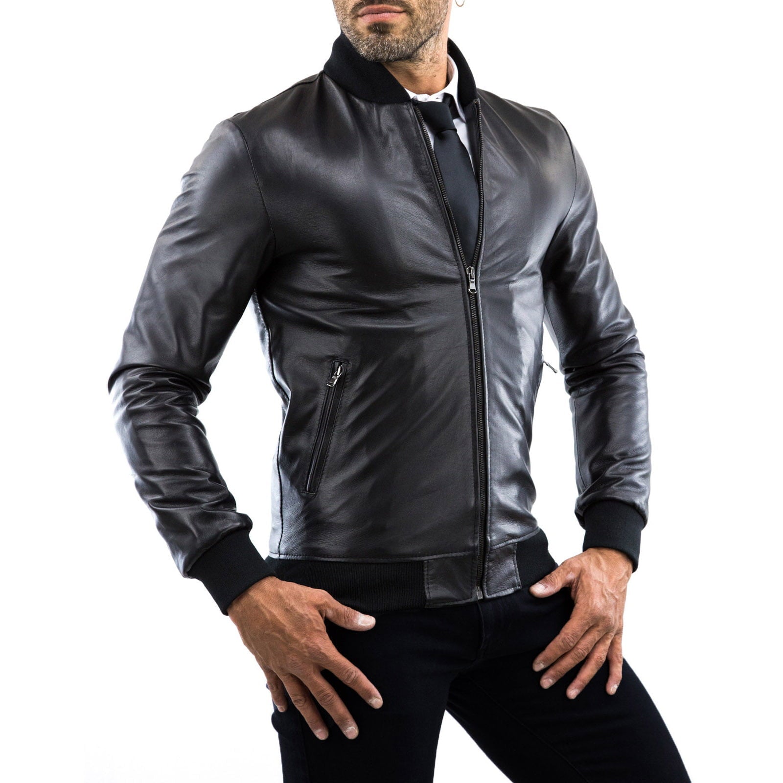 Men's Black Genuine Leather Slim Bomber Jacket with College Collar Rindway