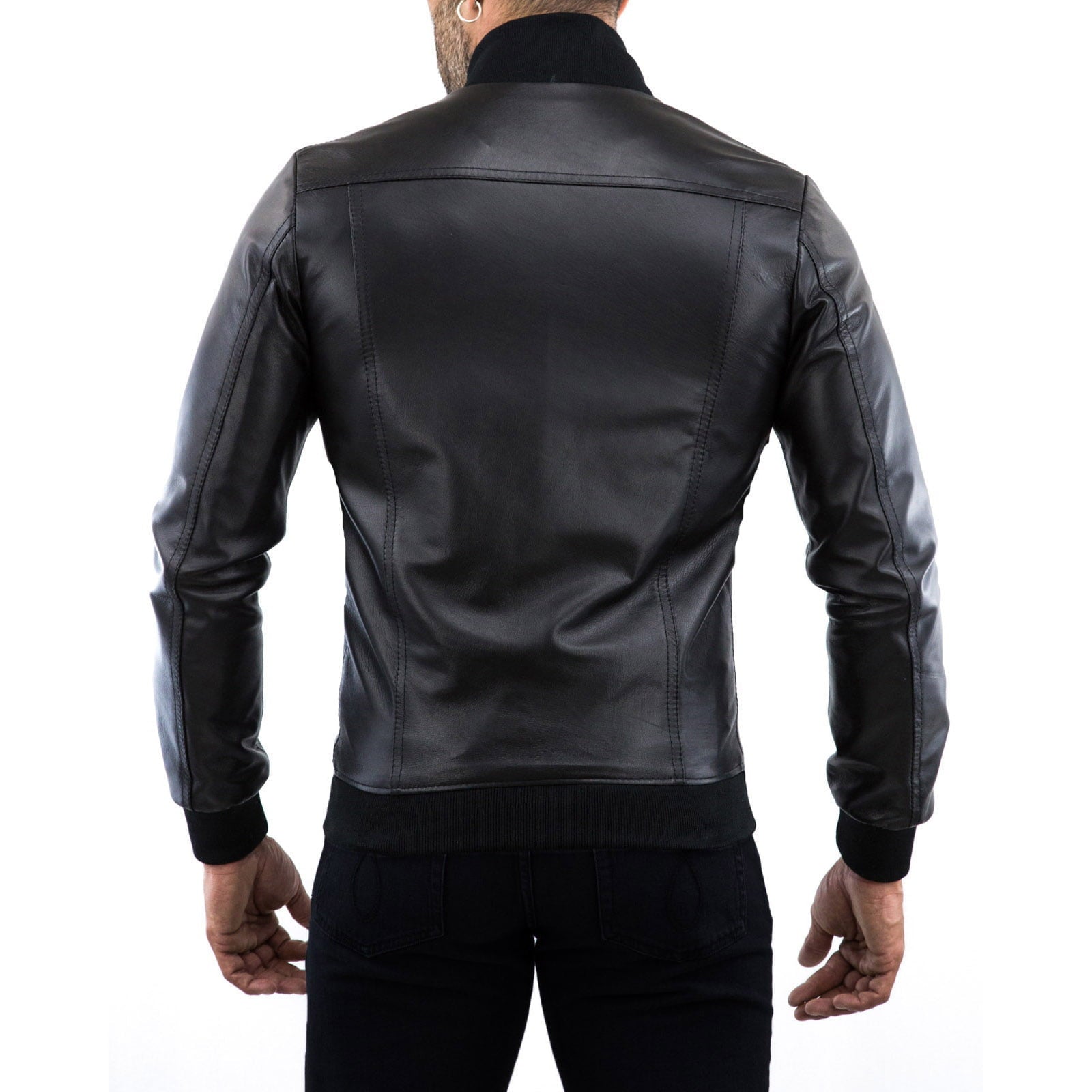 Men's Black Genuine Leather Slim Bomber Jacket with College Collar Rindway