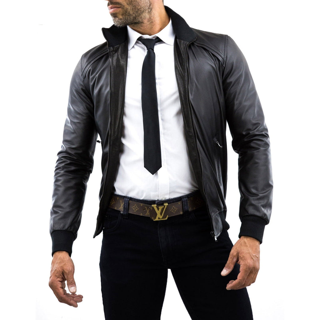 Rindway Men's Slim Black Genuine Leather Bomber Jacket with Shoulder Detail