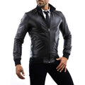 Rindway Men's Slim Black Genuine Leather Bomber Jacket with Shoulder Detail
