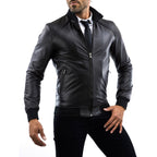 Rindway Men's Slim Black Genuine Leather Bomber Jacket with Shoulder Detail