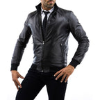 Rindway Men's Slim Black Genuine Leather Bomber Jacket with Shoulder Detail