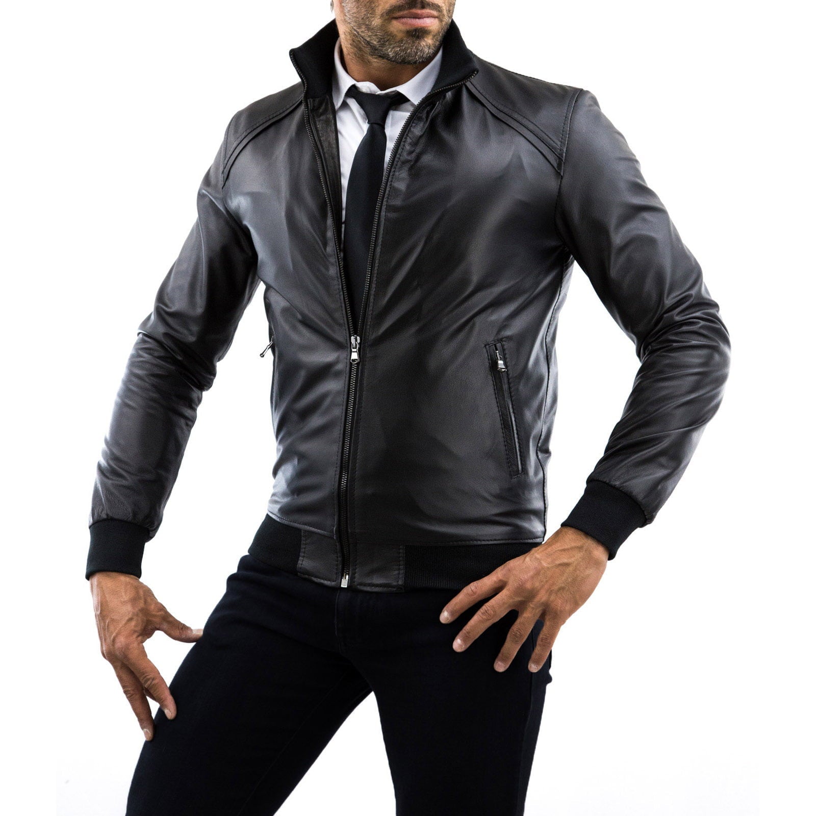 Rindway Men's Slim Black Genuine Leather Bomber Jacket with Shoulder Detail