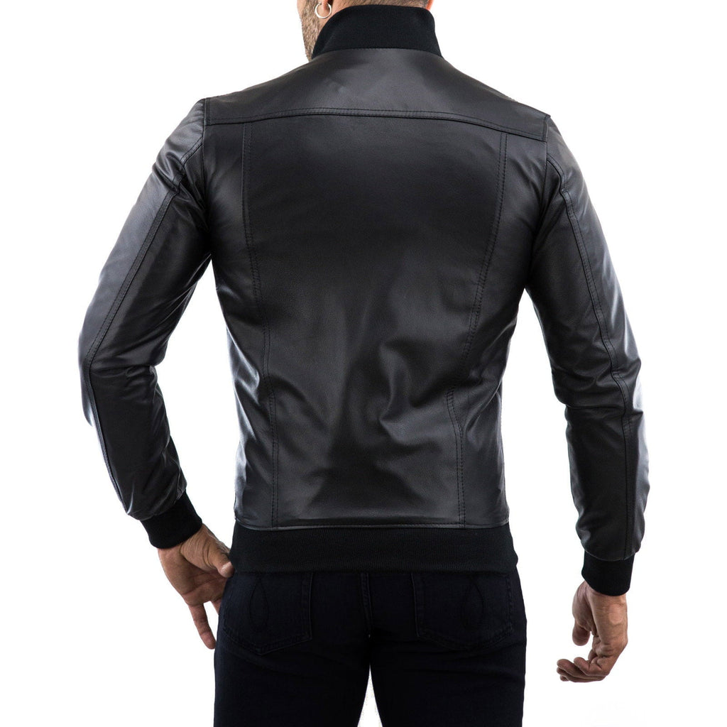 Rindway Men's Slim Black Genuine Leather Bomber Jacket with Shoulder Detail