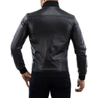 Rindway Men's Slim Black Genuine Leather Bomber Jacket with Shoulder Detail
