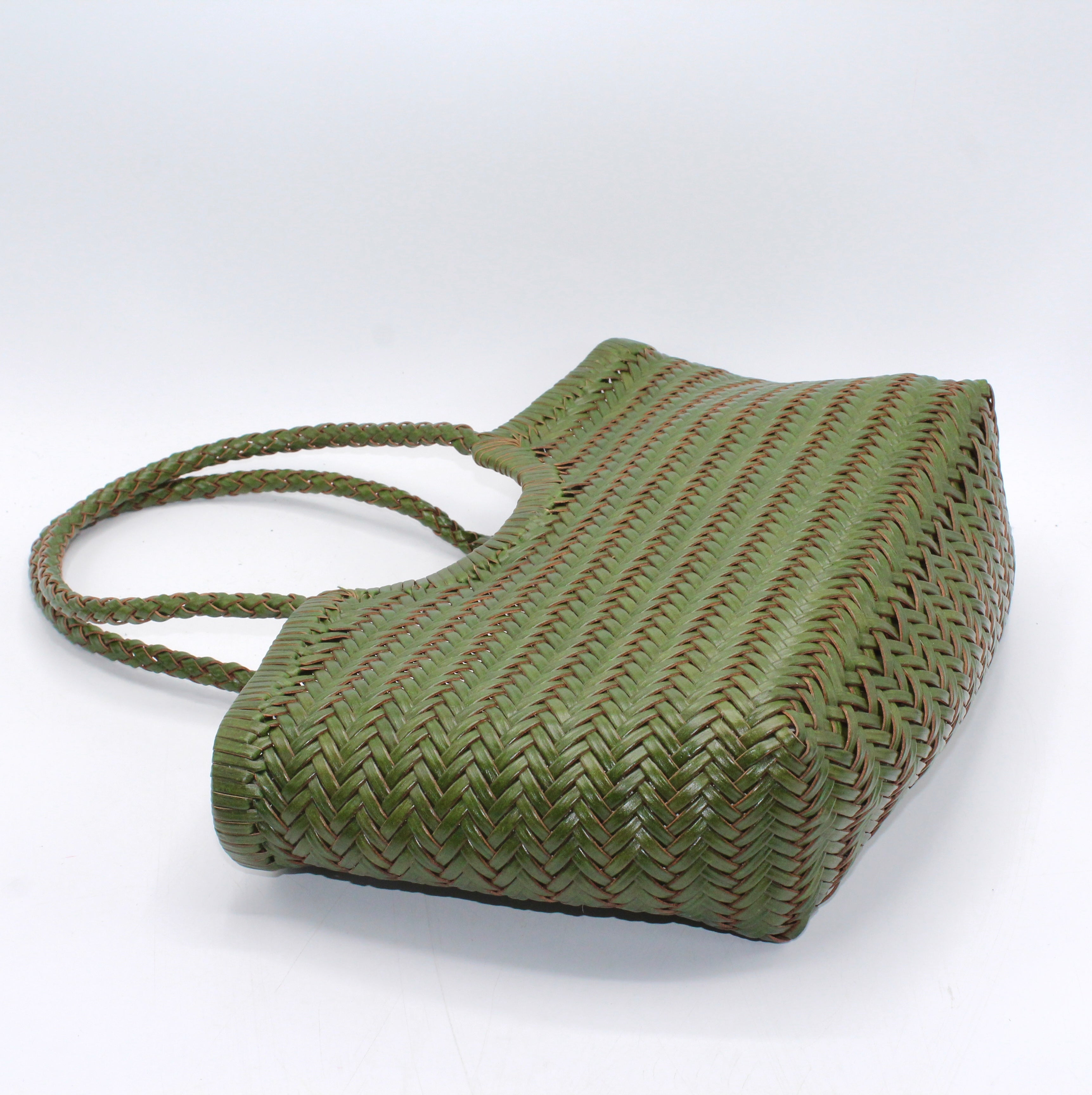 Carmel - Genuine Leather U Shape Handwoven Tote Bag Green