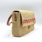 Zera - Handmade Natural Raffia Messenger Bag Fuchsia and Orange