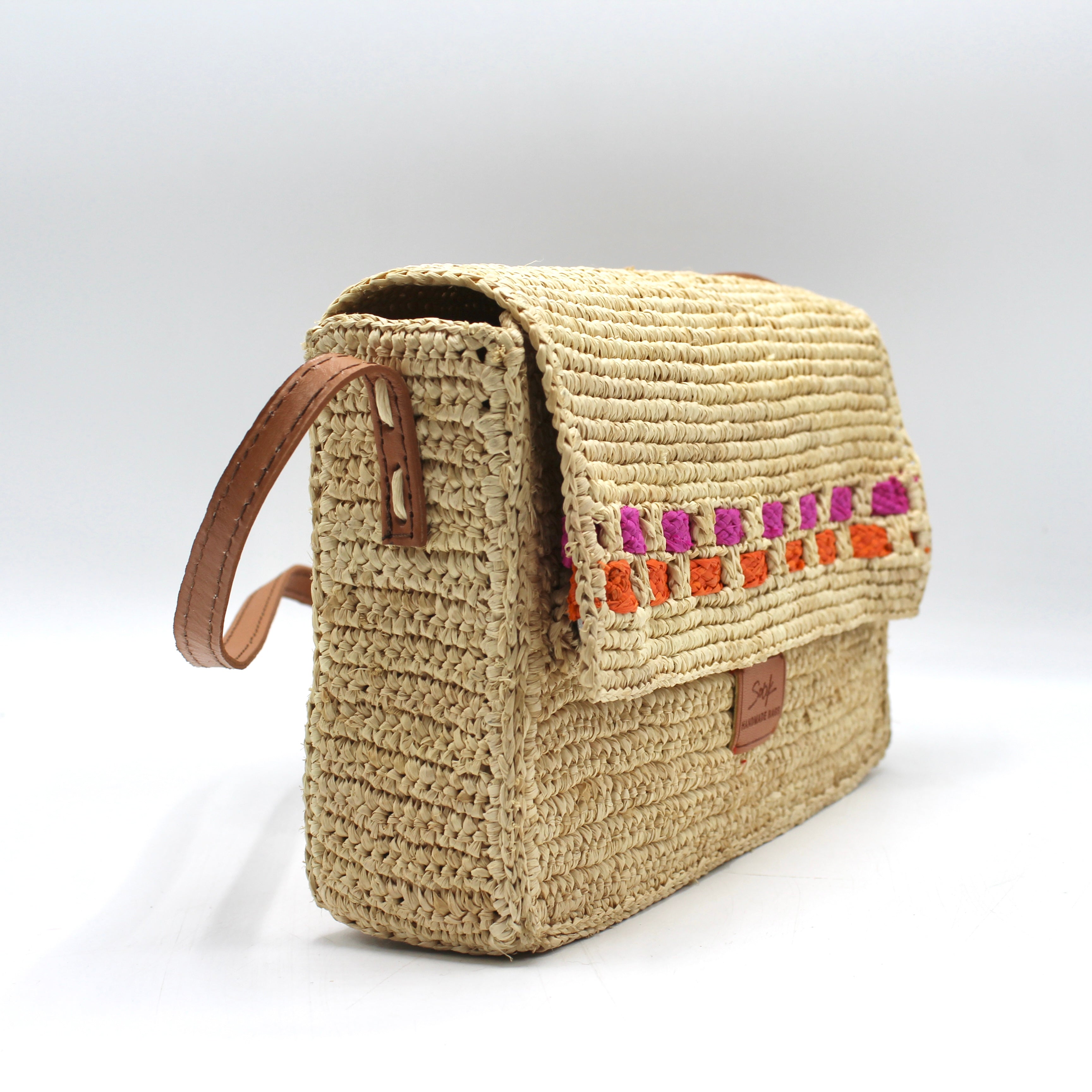 Zera - Handmade Natural Raffia Messenger Bag Fuchsia and Orange
