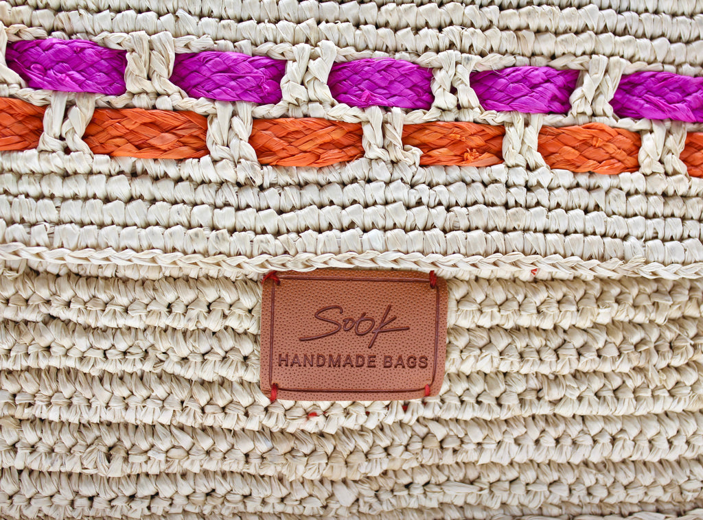 Zera - Handmade Natural Raffia Messenger Bag Fuchsia and Orange