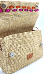 Zera - Handmade Natural Raffia Messenger Bag Fuchsia and Orange