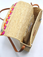 Zera - Handmade Natural Raffia Messenger Bag Fuchsia and Orange