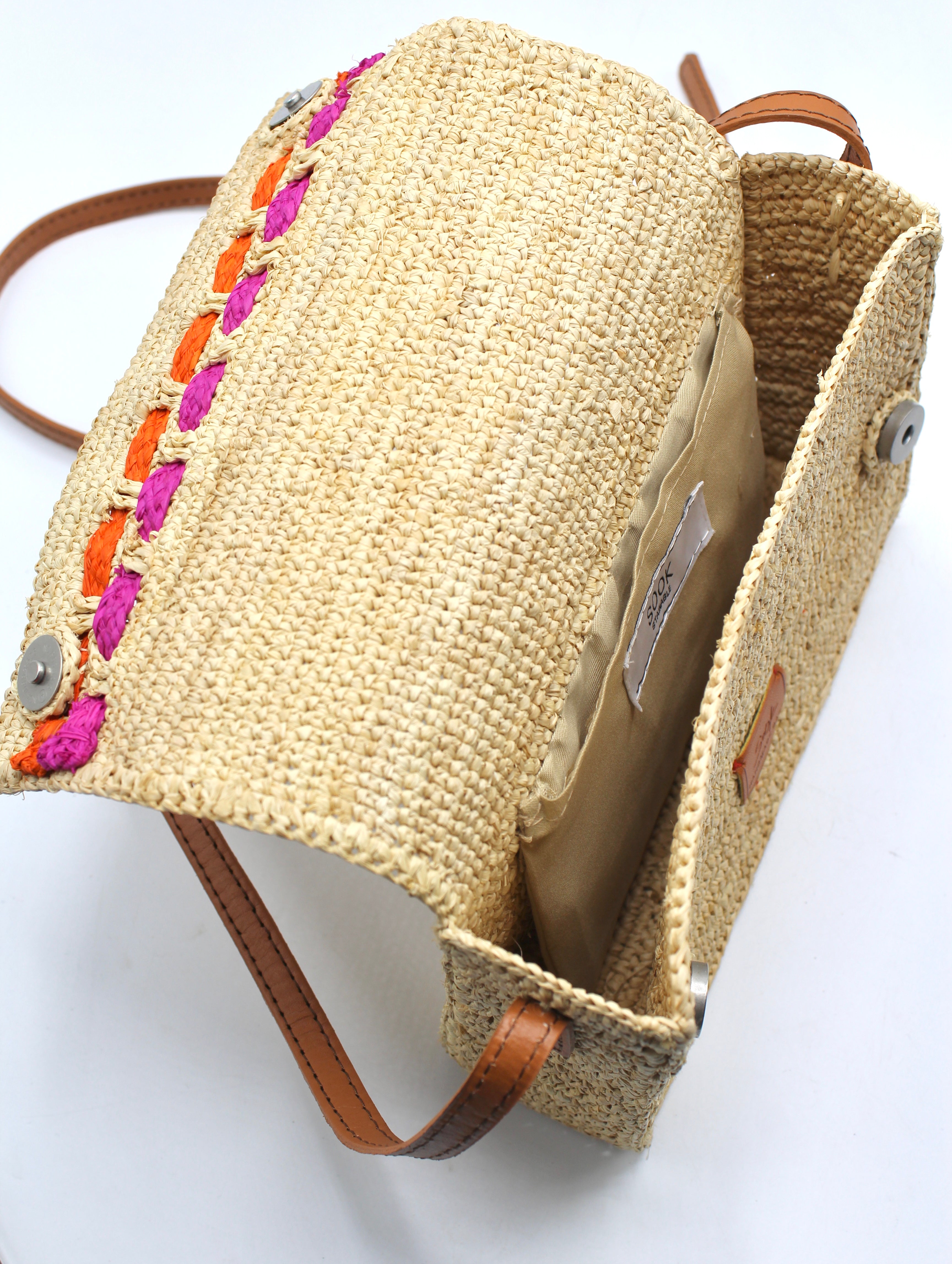 Zera - Handmade Natural Raffia Messenger Bag Fuchsia and Orange