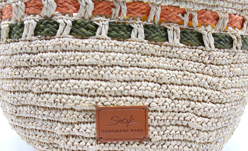 Zola - Handmade Natural Raffia Tote Bag Pastel Green and Amber