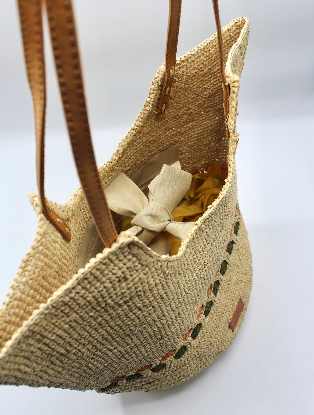 Zola - Handmade Natural Raffia Tote Bag Pastel Green and Amber