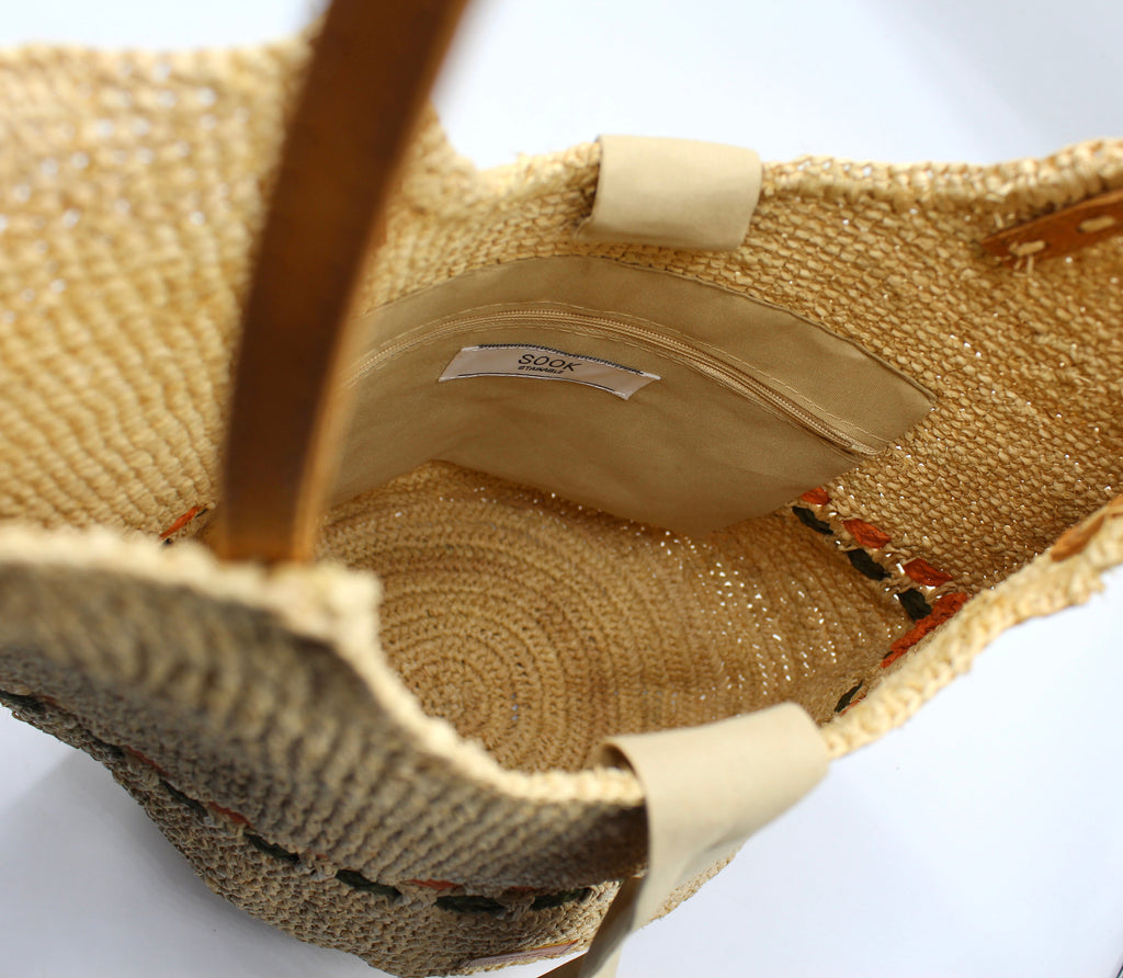 Zola - Handmade Natural Raffia Tote Bag Pastel Green and Amber