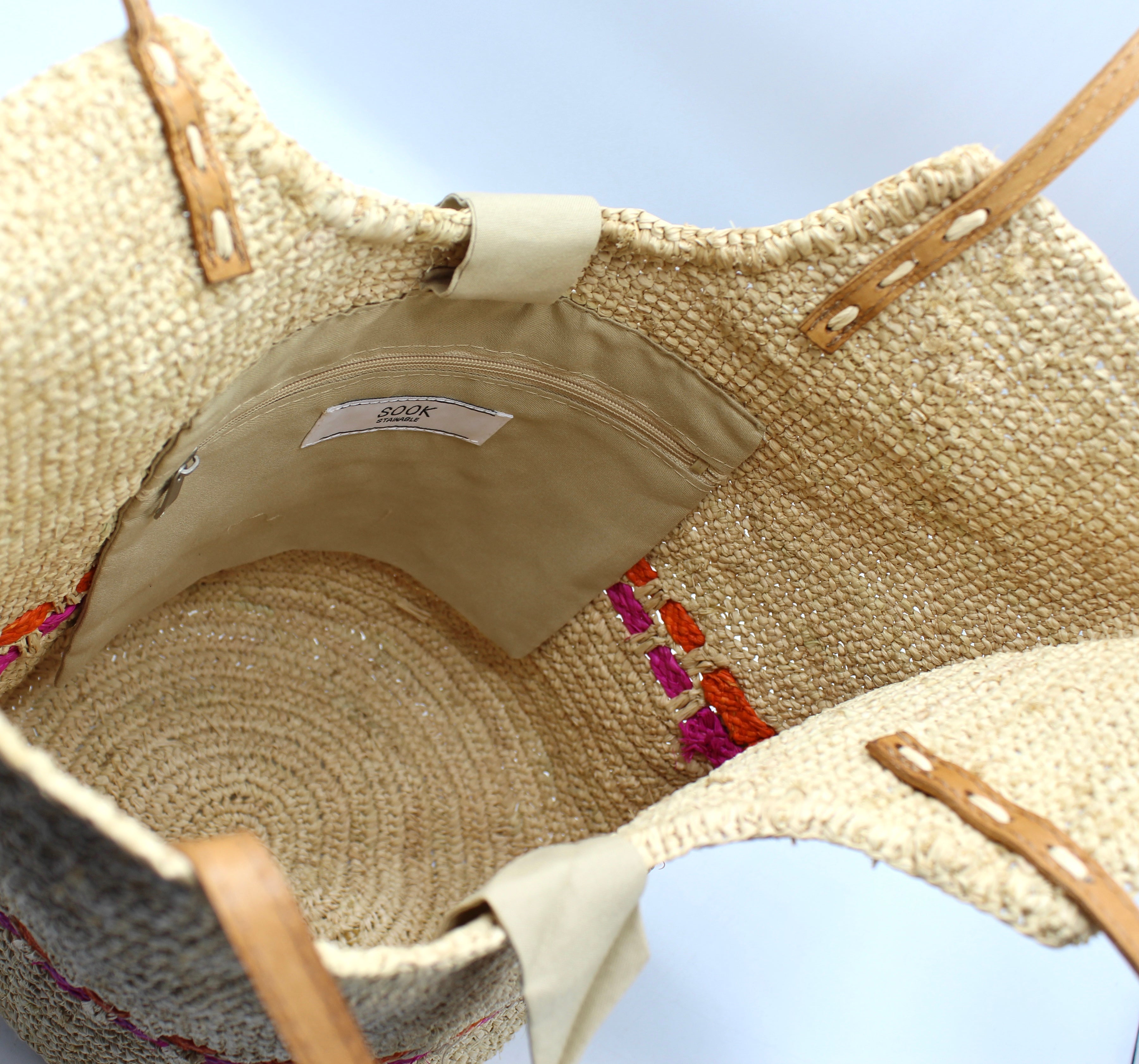 Zola - Handmade Natural Raffia Tote Bag Fuchsia and Orange