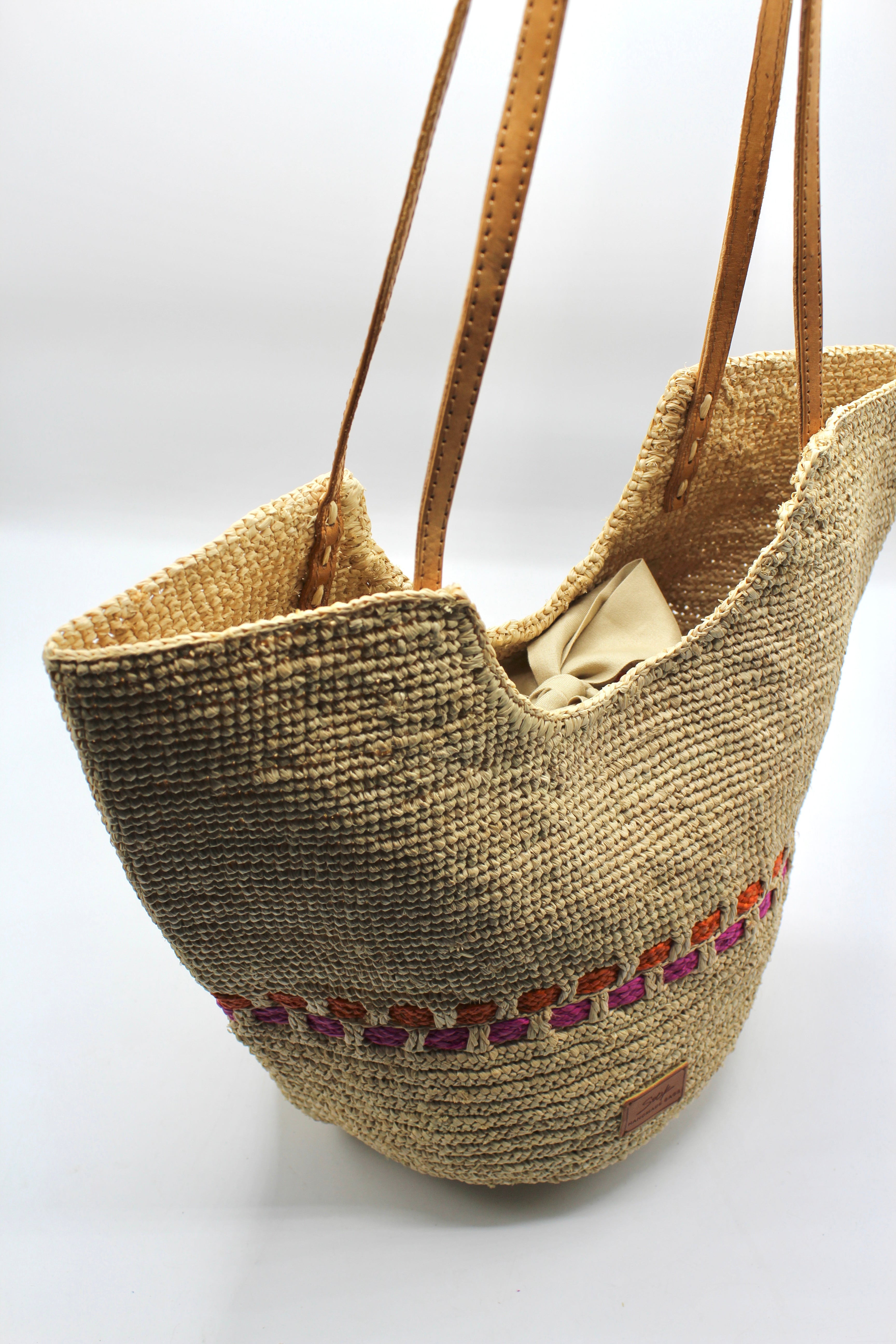 Zola - Handmade Natural Raffia Tote Bag Fuchsia and Orange