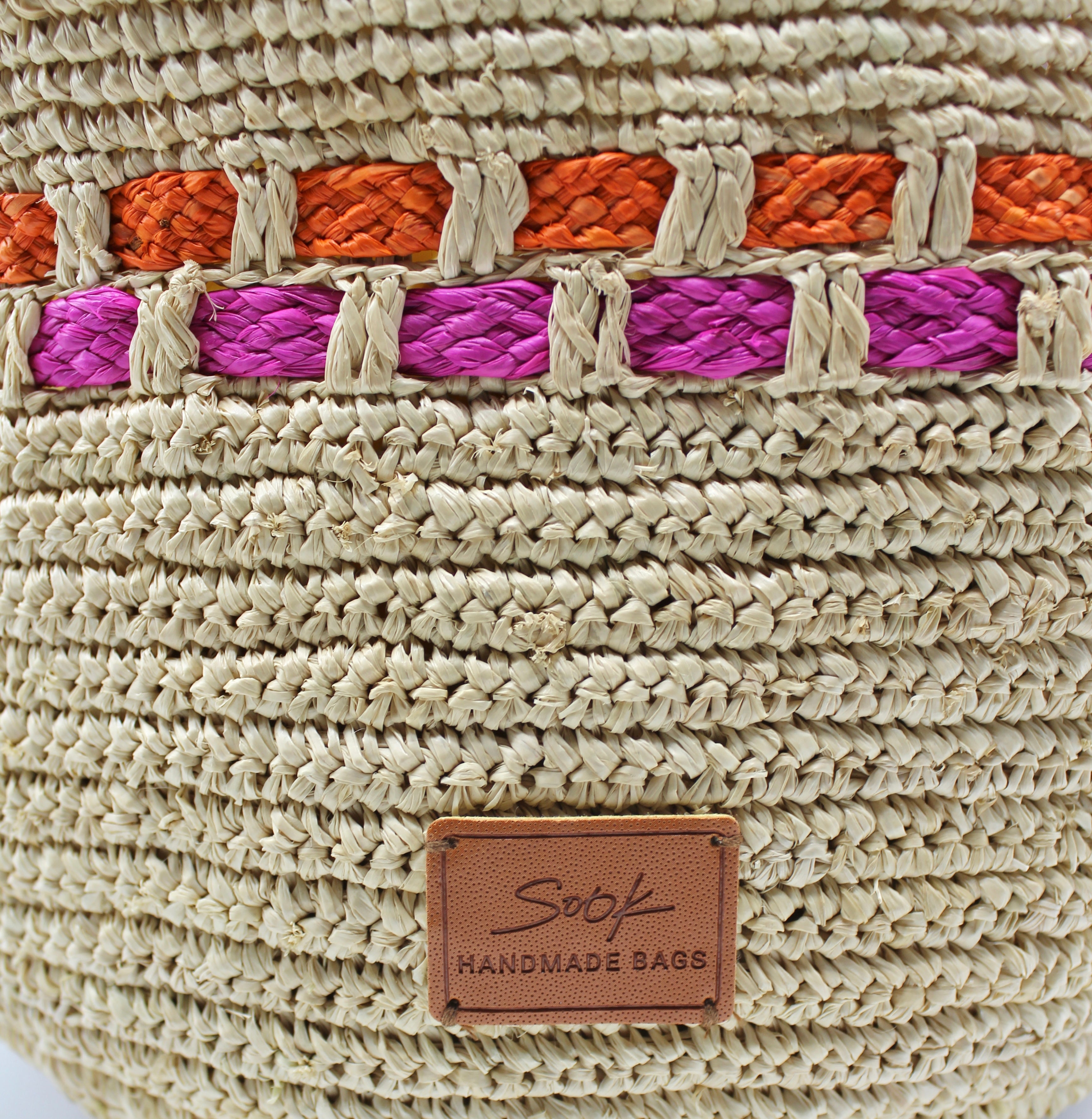 Zola - Handmade Natural Raffia Tote Bag Fuchsia and Orange