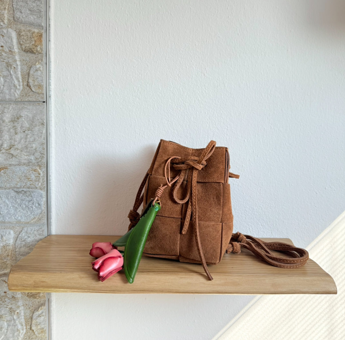 Emi - Suede Leather Handmade Drawstring Woven Crossbody Bag