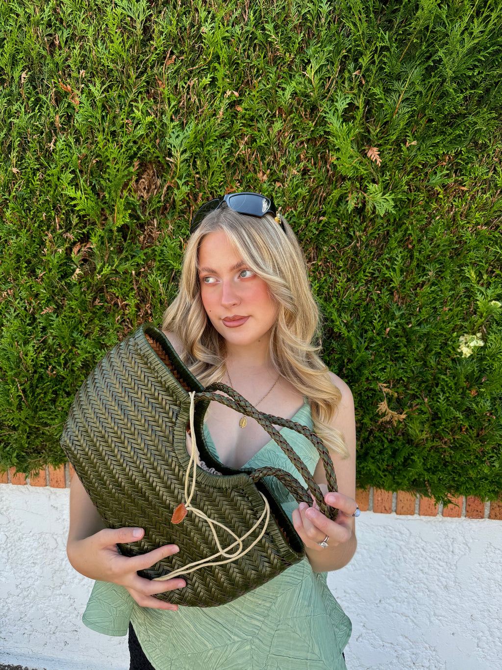 Carmel - Genuine Leather U Shape Handwoven Tote Bag Green