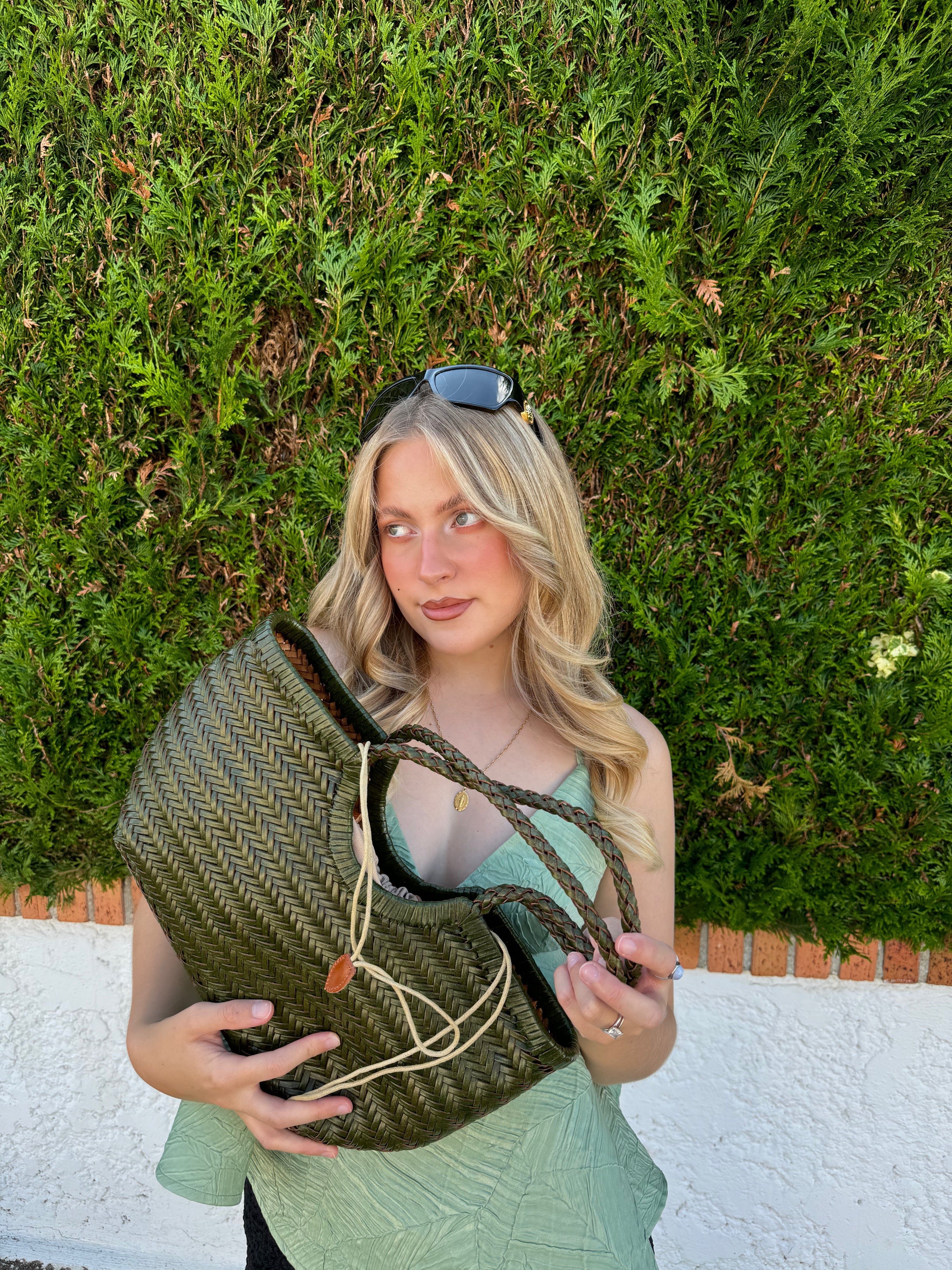 Carmel - Genuine Leather U Shape Handwoven Tote Bag Green