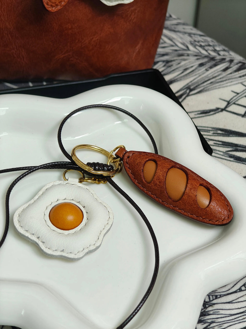 Egg and Bread - Handmade Grain Leather Bag Charm Key Holder
