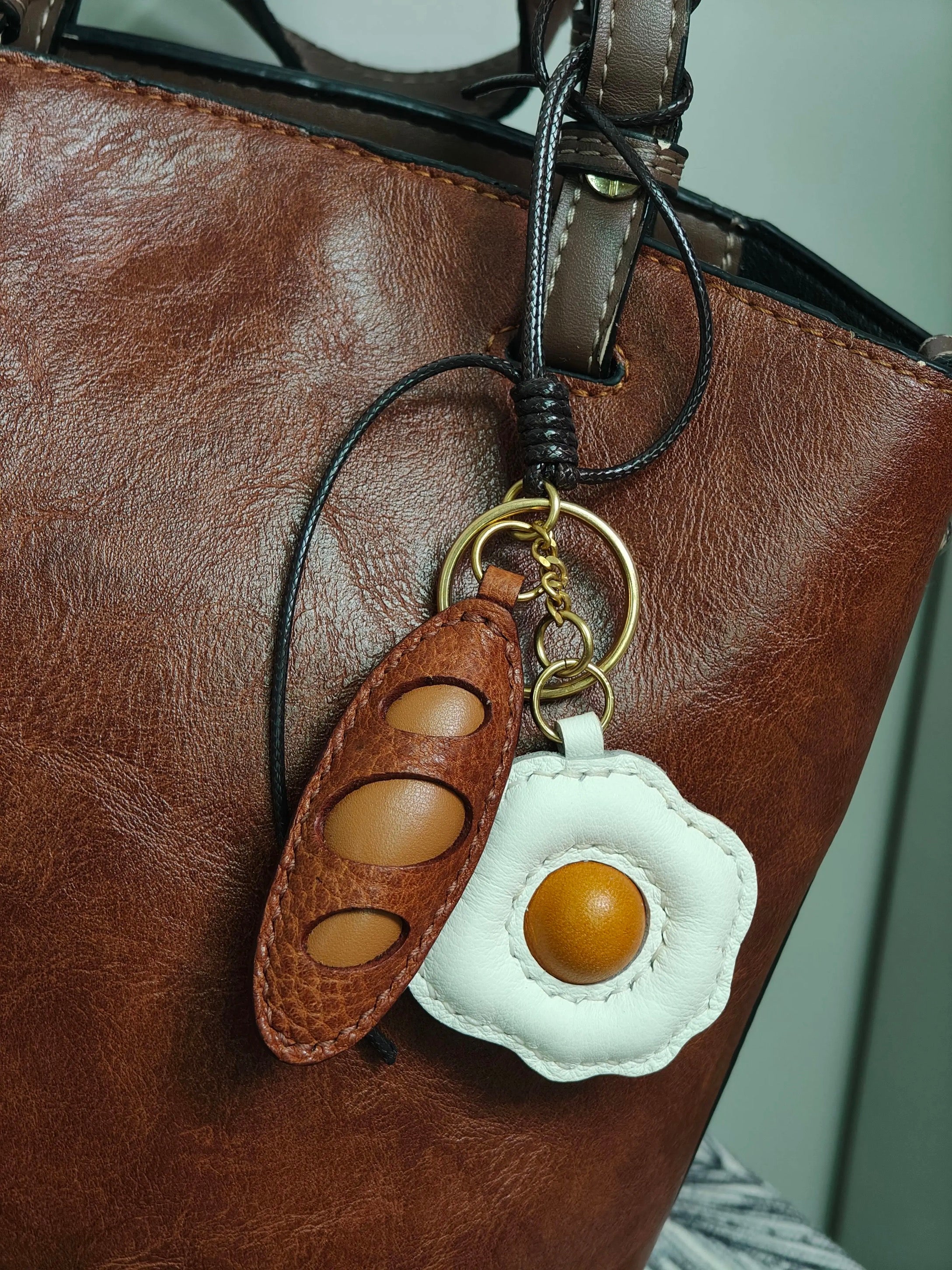 Egg and Bread - Handmade Grain Leather Bag Charm Key Holder