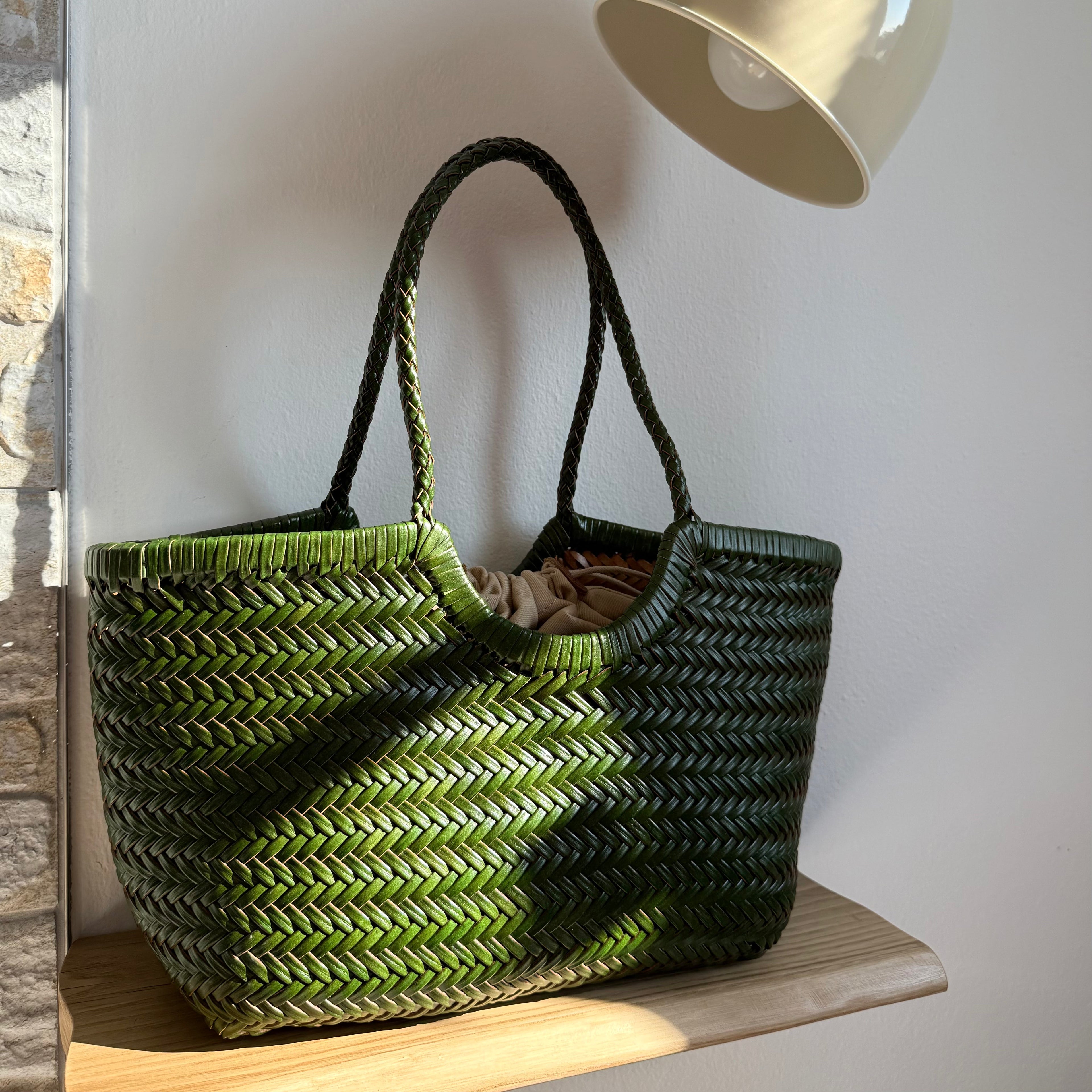 Carmel - Genuine Leather U Shape Handwoven Tote Bag Green