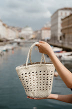 Ivy - Borsa a Cesto in Pelle Pieno Fiore Intrecciata a Mano Bianco Crema