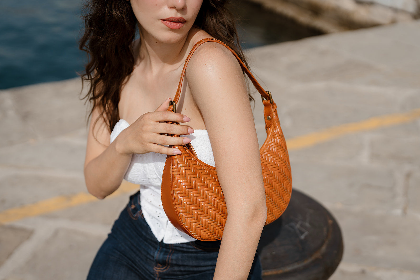 Carmel- Hand Weave Leather Moon Crescent Bag Brown