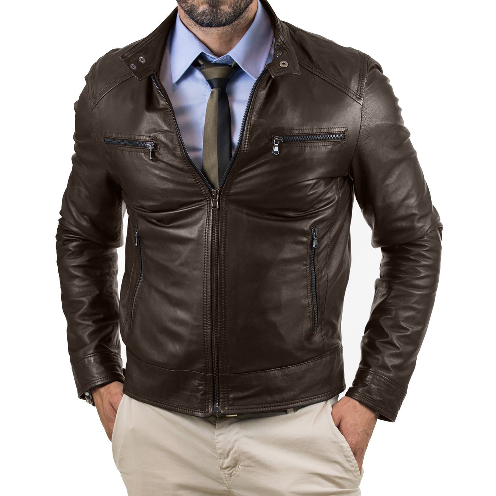 Men's Slim Fit Brown Genuine Leather Biker Jacket Four Pockets Zipper Rindway