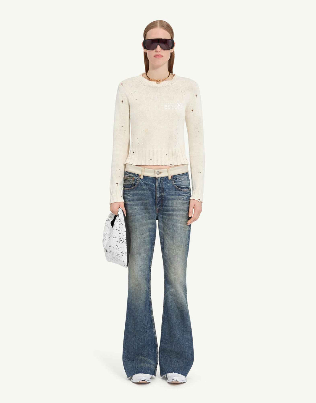 MM6 MAISON MARGIELA Maglia a Coste con Residui di Vernice Crema