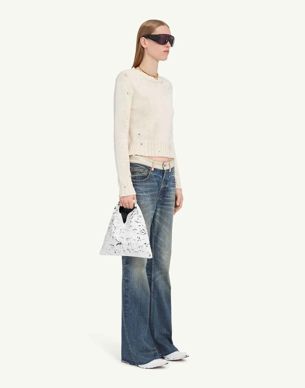 MM6 MAISON MARGIELA Maglia a Coste con Residui di Vernice Crema