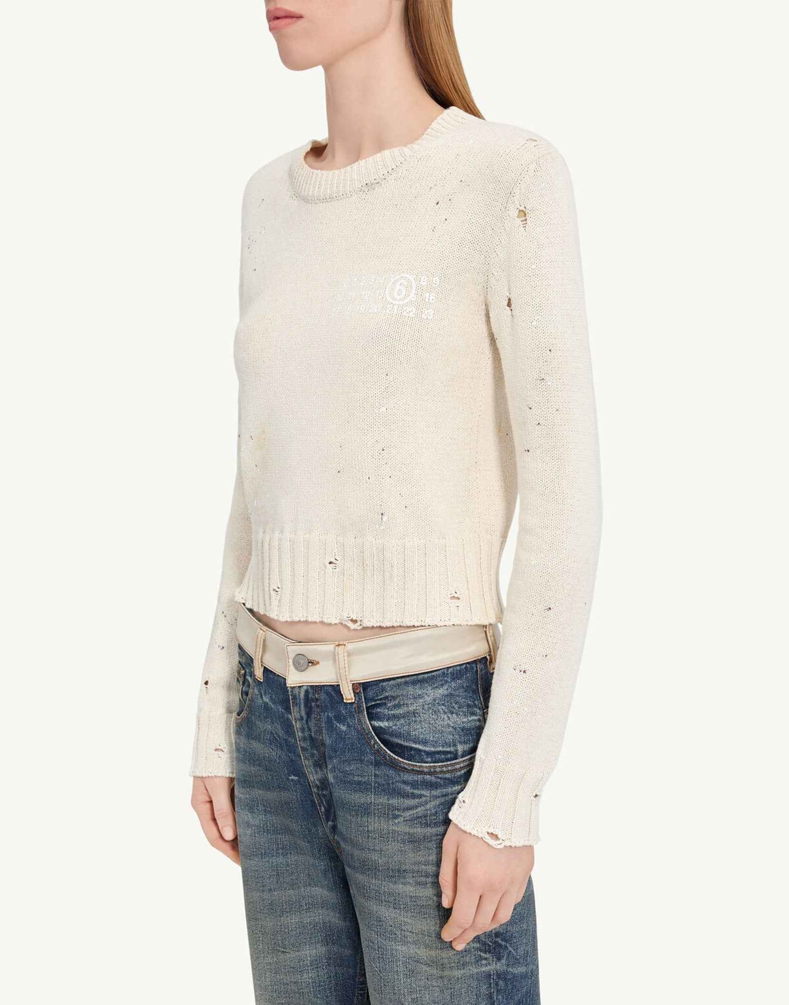 MM6 MAISON MARGIELA Maglia a Coste con Residui di Vernice Crema