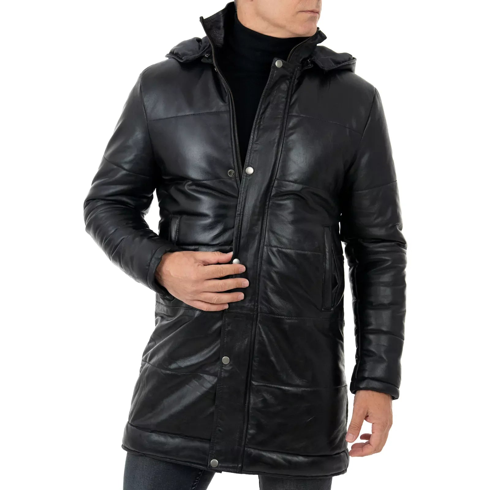Men's Long Slim Black Genuine Leather Puffer Jacket with Removable Zipper Hood Rindway