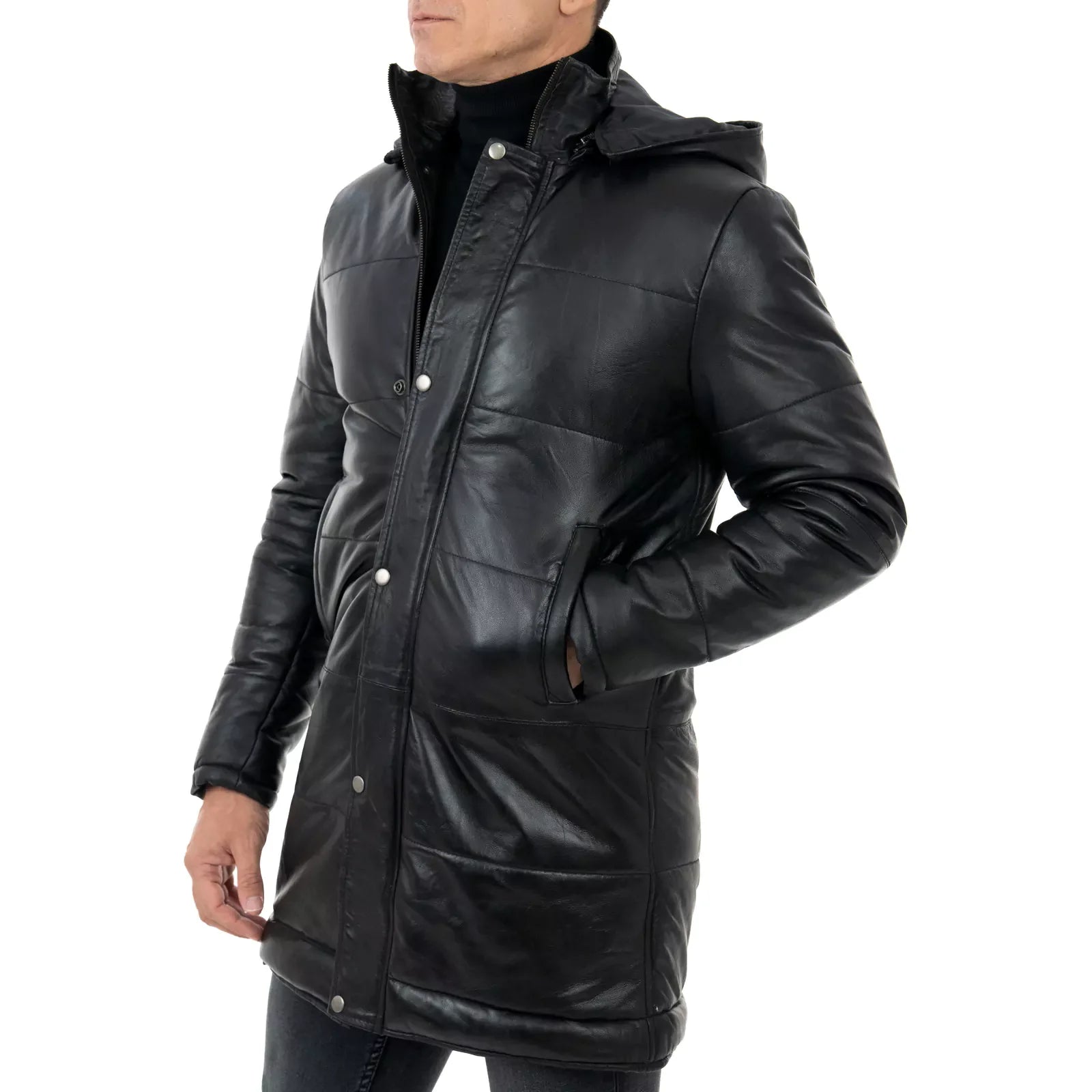Men's Long Slim Black Genuine Leather Puffer Jacket with Removable Zipper Hood Rindway