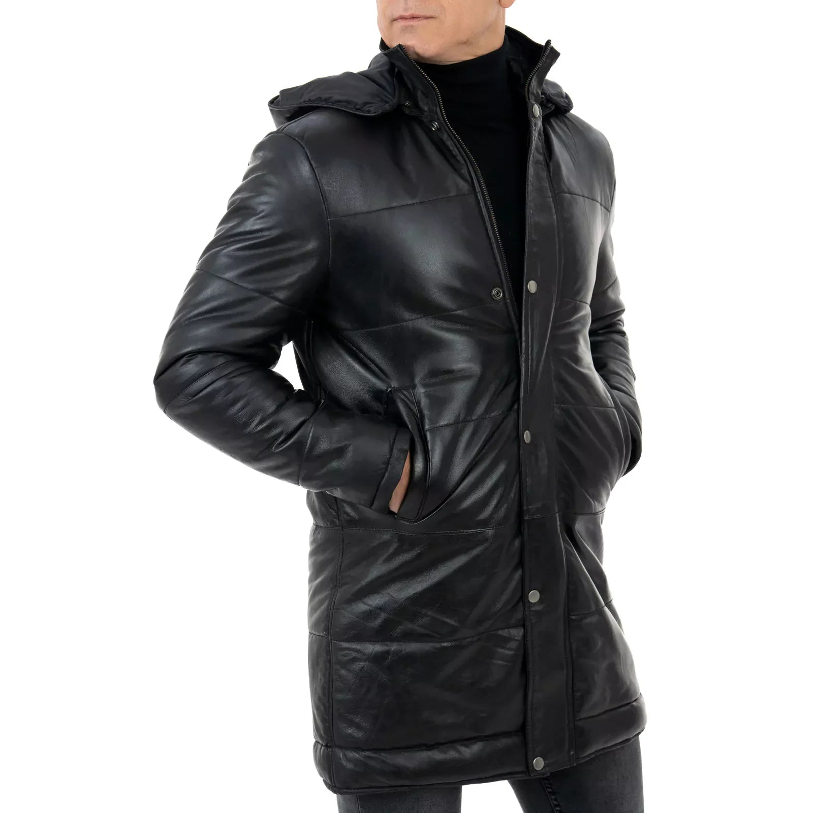 Men's Long Slim Black Genuine Leather Puffer Jacket with Removable Zipper Hood Rindway
