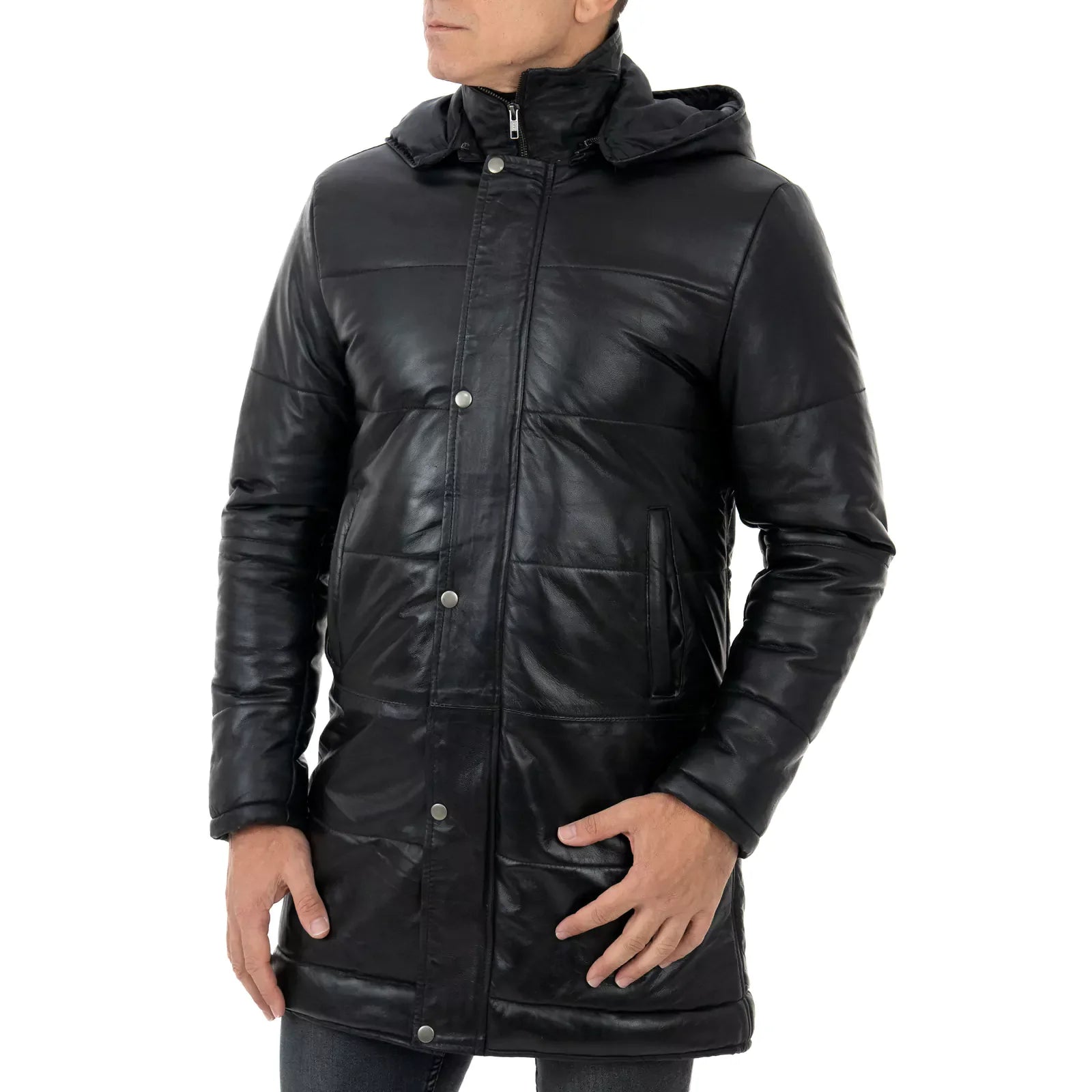 Men's Long Slim Black Genuine Leather Puffer Jacket with Removable Zipper Hood Rindway